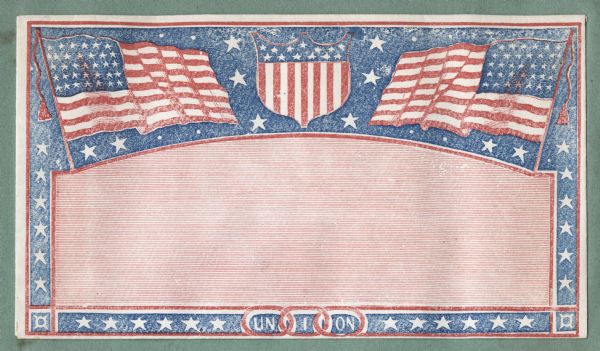Union envelope. At the top two flags face each other with a shield in the center on a blue background with white stars. A blue border with white stars framed in red appears on left, right and bottom. The "address area" is filled with thin horizontal red lines. The word "UNION" appears at the bottom. Blue and red ink on cream envelope, image covers entire front.
Image printed on envelope, mounted on various colored pages and collected in an album.