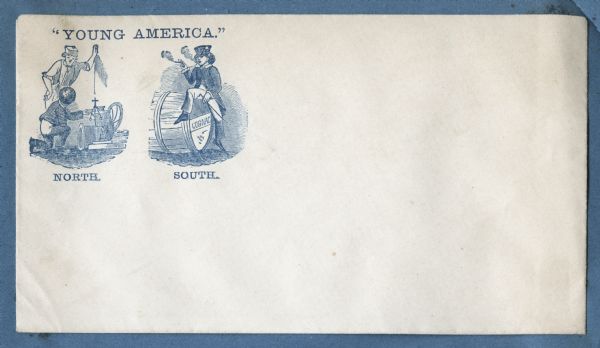Envelope compares a young man of the North, on the left, to a young man of the South, on the right. The young Northern man is working with an older man on some machinery, while the young Southern man is smoking while sitting on a barrel of Cognac. At the top appears the caption "YOUNG AMERICA." Below the Northern man appears the text, "NORTH" and below the Southern man "SOUTH." Blue ink on beige envelope.<br>Image printed on envelope, mounted on various colored pages and collected in an album.</br>