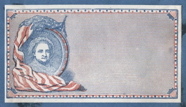 A portrait of Martha Washington appears inside an oval frame, the American flag wraps around the frame on the left side. Over her head in white it reads, "MARTHA WASHINGTON." The envelope has a frame of blue and red lines filled with red and blue squares. The background has horizontal this blue lines and vertical thin red lines. A U.S. shield is in each corner.<br>Image printed on envelope, mounted on various colored pages and collected in an album.</br>