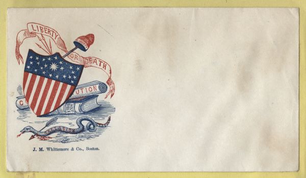A rattlesnake labeled "SECESSION," with an arrow through its neck, is in front of a federal shield. The shield is protecting the Constitution and the Holy Bible, which appear behind it. A liberty cap on a pole, 4 arrows and banner with the text "LIBERTY OR DEATH" appears above the shield. Blue and red ink on beige envelope, image on left side.<br>Image printed on envelope, mounted on various colored pages and collected in an album.</br>