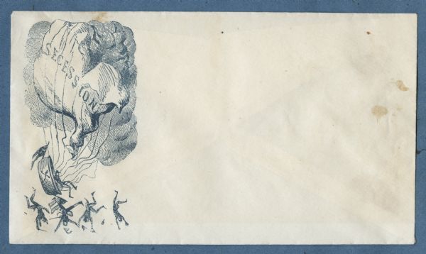 A hot air balloon labeled "SECESSION" bursts and drops men and soldiers out of the gondola towards the ground below. The gondola has crossbones on it and two Confederate flags, one on each side. Blue ink on cream envelope, image on left side.
Image printed on envelope, mounted on various colored pages and collected in an album.