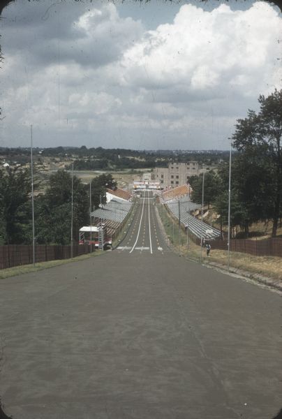 The racing hill at Derby Downs where the All-American Soap Box Derby championship is held each year.  

Taken from the Topside area by the parents (Mr. & Mrs. Lawrence Steiner) of Van Steiner of Argyle, Wisconsin, who competed in the 1957 national competition.