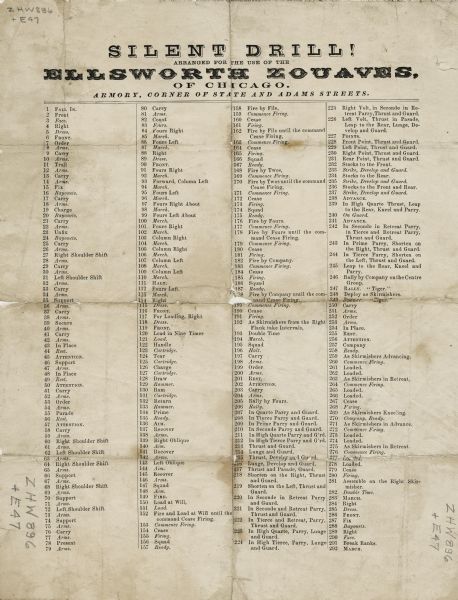 Poster with long list of parade ground maneuvers for silent drill at the Armory on the corner of State and Adams Streets. Arranged for the use of the Ellsworth Zouaves, of Chicago.