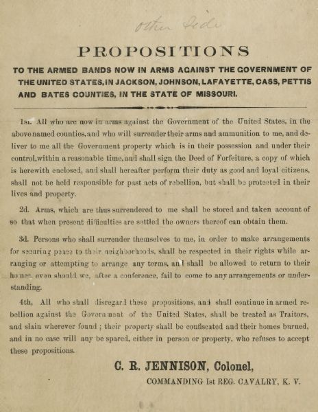 Front of printed handbill concerning an offer of amnesty to local rebels. Annotations by Colonel C.R. Jennison appear on back.