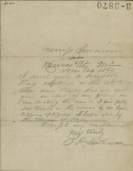 Back of printed handbill with annotations by Colonel C.R. Jennison, concerning an offer of amnesty to local rebels.