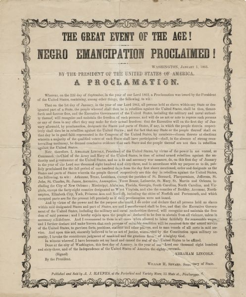 Poster with decorative border and text of the Emancipation Proclamation by Abraham Lincoln.