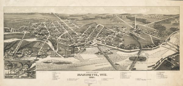 Bird's-eye map of Marinette, with insets.