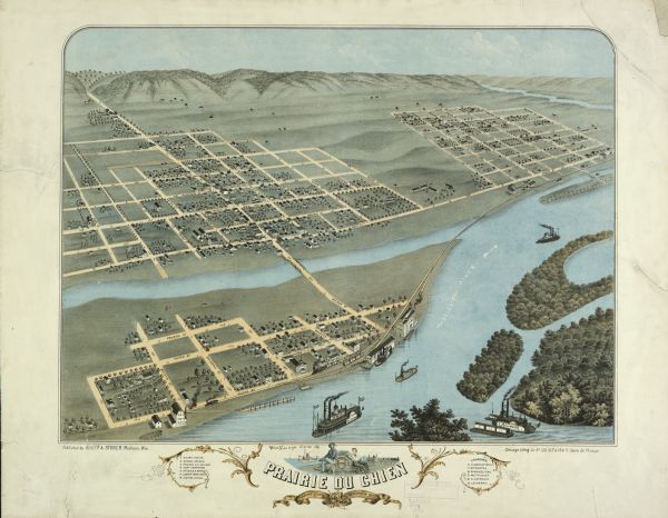 During the War of 1812, the only battle fought in Wisconsin was in Prairie du Chien, in 1814. Made fifty-six years later, this birds eye drawing depicts the city's street names and street layouts, houses, trees, the Mississippi River, bridge and pier. A reference key at the bottom of the map shows the locations of the city's court house, school houses, college, Fort Crawford, railroad depot, Lower Town Station, Sisters' School, and the city's denominational churches (Congregational, Episcopal, Evangelical, Methodist, Catholic, and Lutheran).
