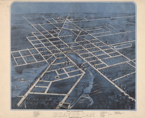 Birds-eye drawing of Beaver Dam, Dodge Co., depicting street names and street layout, houses, rivers, lakes, and trees. A reference key at the bottom of the map shows the locations of Wayland University, the high school, ward schools, St. Mary's school, the fair ground, railroad depot, the cemetery, Beaver Dam's specific denominational churches (First Presbyterian, Assembly Presbyterian, Episcopal, Baptist, Methodist, Lutheran and Catholic) and hotels (Clark House, Stevens House, and Washington House).