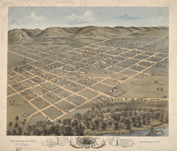 Birds-eye drawing of Boscobel, Grant County, depicts street names and street layouts, houses, rivers and trees. A reference key at the bottom of the map shows the locations of the city's carrier house, Boscobel Mill, stave factory, plow and wagon shop, public schools, railroad depot, cemetery, livery stable, furniture factory, Eiegelmeier's Brewery, Sander's Creek Tannery, R. H. Palmer's Wagon Shop, and Boscobel's specific denominational churches (Congregational, Methodist, Lutheran and Roman Catholic).