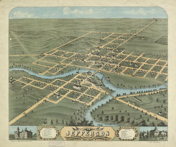 Although the first European settlement in Jefferson was in 1836, the Village of Jefferson was first incorporated as a city in 1878. Made eight years earlier, this bird's eye drawing depicts street names and street layouts, houses, trees, Rock River, and bridges. A reference key at the bottom of the map shows the location of Jefferson's court house, county jail, Liberal Institute, public school, depot, cemetery, Catholic cemetery, and the city's specific denominational churches (Evangelical, Lutheran, Methodist, Presbyterian, Roman Catholic, Roman Catholic Convent and Universalist). At the bottom left of the map, there is an inset street-view drawing of Jefferson's Liberal Institute, and at the bottom right of the map is an inset street-view drawing of Jefferson's court house.