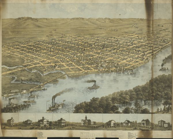 Bird's-eye map of La Crosse with nine insets of residences, schools, and the Court House and Jail.