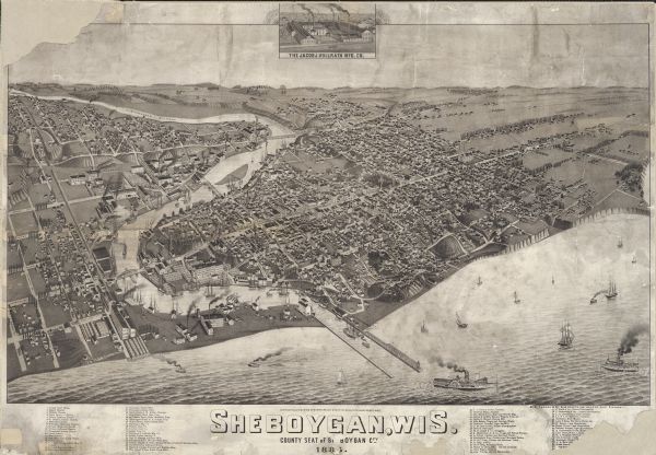 Bird's-eye view of Sheboygan, with inset of J.J. Volrath Manufacturing Company.