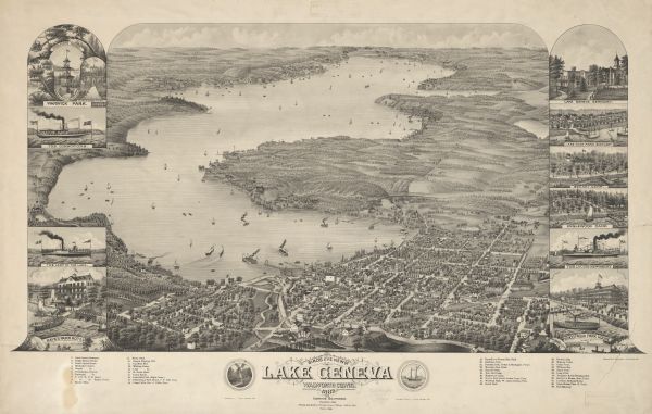 Bird's-eye map of Lake Geneva, looking southwest, with insets of points of interest.