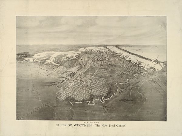 Bird's-eye map of Superior. "The New Steel Center."