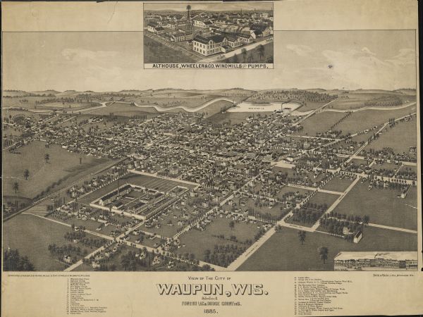 Bird's-eye map of Waupun on the Rock River. There is an inset at top center of "Althouse, Wheeler & Co., Windmills and Pumps."