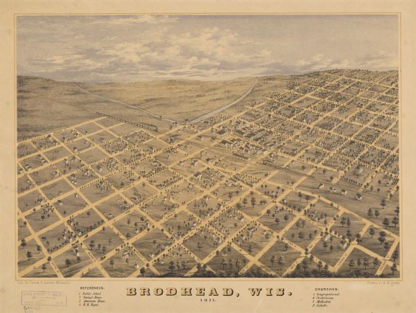 Birds eye map of Brodhead, WI depicts street names and street locations, houses, and trees. A reference key at the bottom of the map shows the locations of Brodhead's public school, Young's House, American House, railroad depot, and the city's specific denominational churches (Congregational, Presbyterian, Methodist and Catholic).