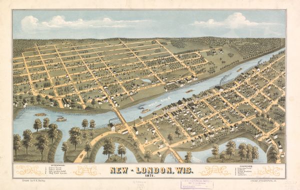 Birds eye map of New London depicts street names and street locations, houses, trees, the bridge, Wolf River, and the bayou. At the bottom of the map, a reference key shows the location of New London's school houses, New London Hotel, Wolf River House, and the city's specific denominational churches (Congregational, Catholic, United Brethren, Baptist and Lutheran).