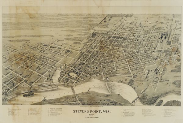 Bird's-eye map of Stevens Point, looking east, with an inset of the Water Works. Wisconsin River in foreground with fifty-three business locations identified in the key below image.