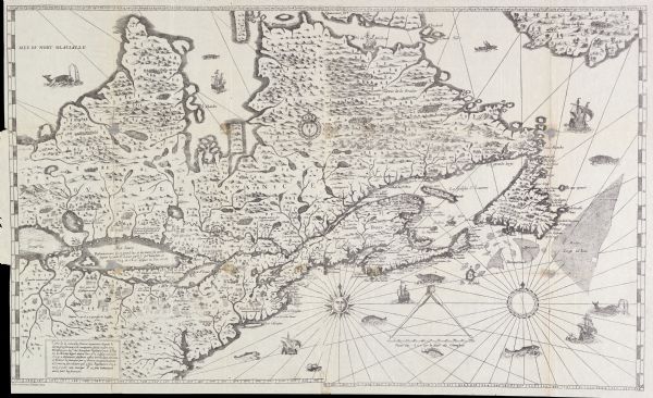 The Wisconsin portion of Champlain's 1632 map, augmented since the previous one, for navigation according to the true Meridien, by Sieur de Champlain. The western portion of the map is based on verbal reports by Champlain's protege Etienn Brule, the only European thought to have visited the western Great lakes before Jean Nicolet in 1634. However Brule had died by 1632 and Champlain had never personally traveled to the far west, so the cartographer erroneously put Green Bay (the Bay of Puants) north of Sault Ste. Marie, rather than south of it. Ca. 1880 facsimile of the original 1632 map.