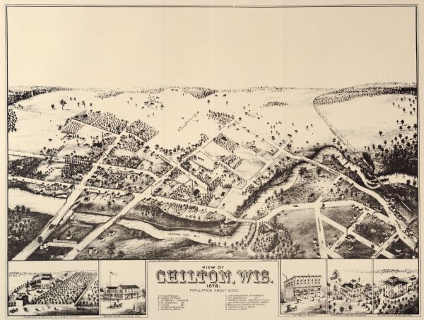 Bird's-eye map of Chilton with insets of points of interest, including P.H. Becker's Brewery, Chilton House, and Gutheil's Block.