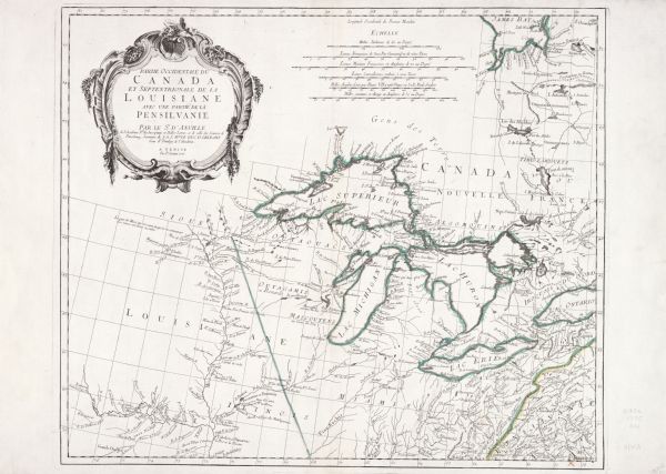 In French: "Partie Occidentale du Canada et septentrionale de la Louisiane avec une partie de la Pensilvanie." A map showing graticule and six European scales, rivers, and Indian lands.