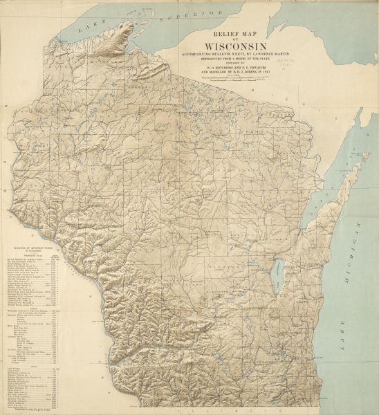 Wisconsin Geological and Natural History Survey, by Lawrence Martin reproduced from a model of the state prepared by W.O. Hotchkiss and F.T. Thwaites and modeled by E.H.J. Lorenz.