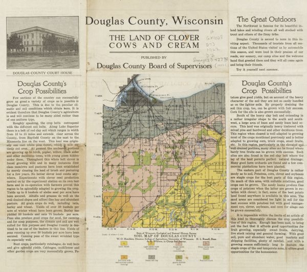 Wisconsin Geological and Natural History Survey soil map of Wisconsin supplemented by promotional materials about the County's prospects, schools and agriculture.