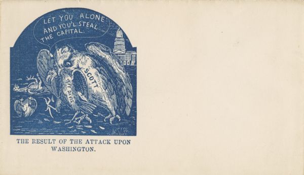 An owl labeled "SCOTT" seizes a vulture labeled "JEFF DAVIS" by the wing. Feathers litter the ground beneath them. The owl is saying "LET YOU ALONE AND YOU'LL STEAL THE CAPITAL." In the background on the right is the capitol building and on the left are two dead chickens. Blue ink on beige envelope, image on left side.