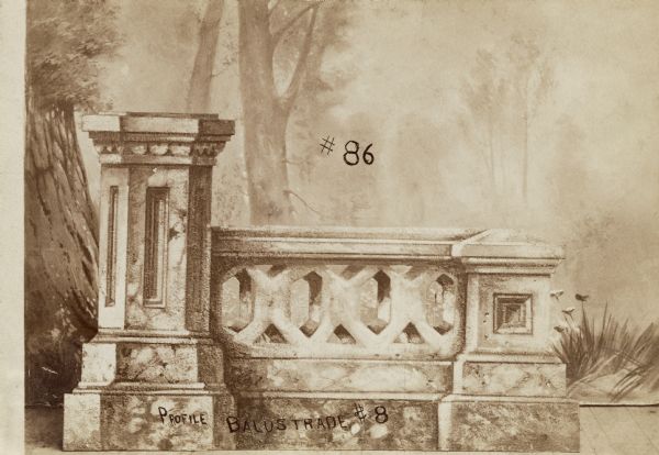 A photographic postcard for a painted backdrop, #86. It has a wooded background, a column and a balustrade. Below is the text "PROFILE BALUSTRADE #8."