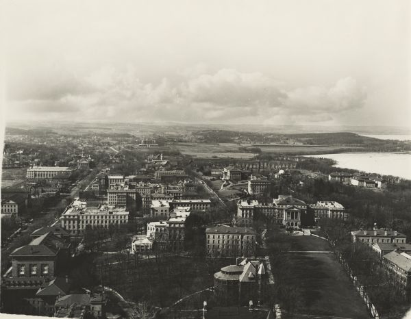 Aerial view of the west side of the University of Wisconsin-Madison Campus looking towards Bascom Hill. Lake Mendota is in the background on the right.