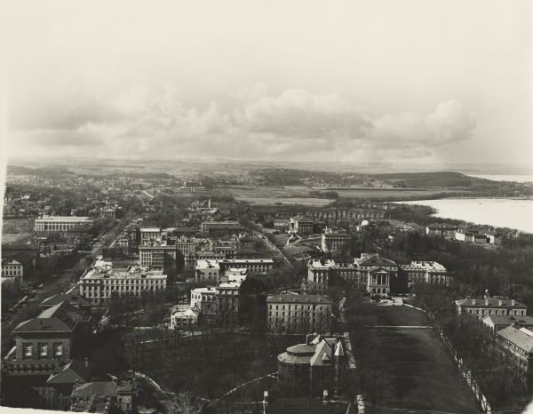 Aerial view of the west side of the University of Wisconsin-Madison Campus looking towards Bascom Hill. Lake Mendota is in the background on the right.
