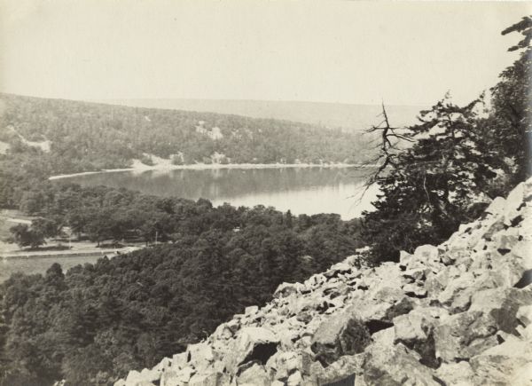 Elevated view of Devil's Lake from the top of the bluffs, talus slope visible on right.