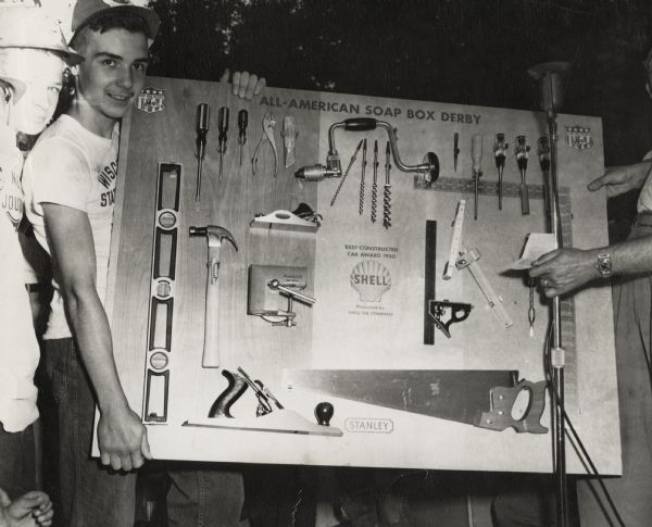 Roddy Botts with the tool set he won for best constructed car in the 1950 Madison, Wisconsin soap box derby.