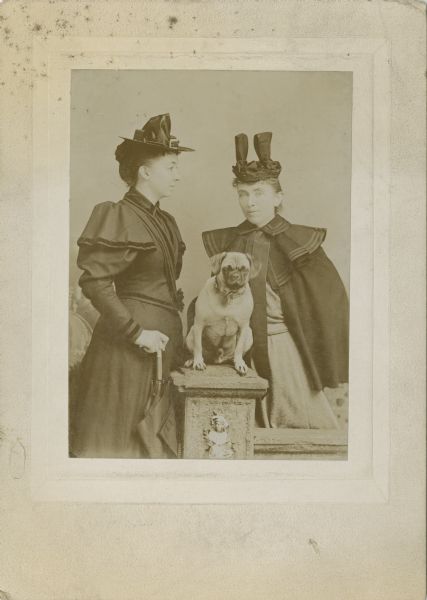 A studio portrait of two women and a dog in front of a painted backdrop and near a prop stone wall. The dog is posing sitting on top of the stone column between the two standing women, and is wearing a collar. The woman standing on the left is facing toward the other woman in profile and she wearing a dress and elaborate hat, and holding an umbrella. The woman standing on the right is also wearing an elaborate hat and is wearing a jacket or cape over her dress.