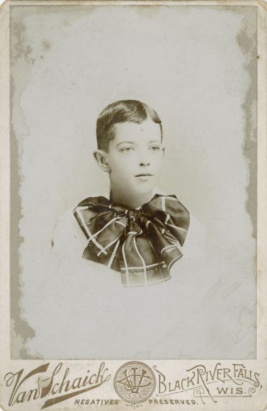 Vignetted quarter-length portrait of a young boy. He is wearing a large bow around his neck and has a part in his hair. This image is part of the 'Jones Collection,' according to the back of the print.