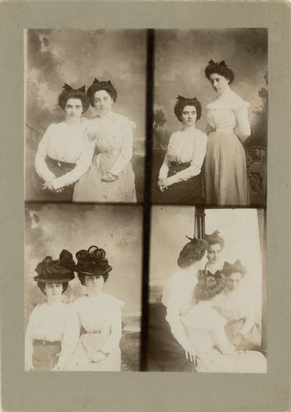 A series of four different portraits of two women posing in front of a painted backdrop. In the top left portrait, both women are sitting. In the top right portrait, the woman on the left is sitting and the woman on the right is standing. In the bottom left portrait, both women are sitting and wearing large hats. In the bottom right portrait, both women are sitting and looking into a mirror, in which they are reflected to appear to be facing the viewer.