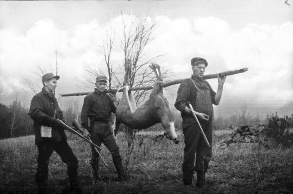 Two hunters carry a fallen deer across a field while another hunter looks on.  The men each hold a rifle.