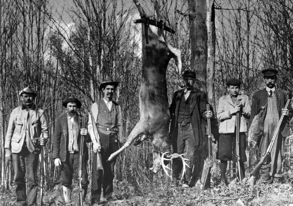 Six hunters hold rifles while standing around a fallen buck strung from a tree.