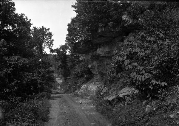 View down a rural dirt road surrounded by foliage and a rock formation at right.  A bridge stands in the background.