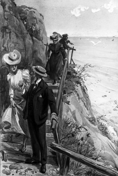 View of a vacation party on a cliff stairway overlooking a seashore. Several men and women in formal dress walk down the stairway. Heavily retouched image.