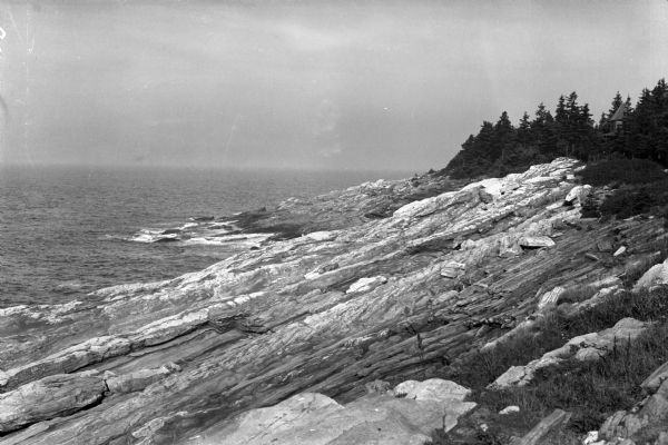 View of the rocky coast of Maine as seen from a hillside. The rooftop of a dwelling is visible above a pine forest at right.