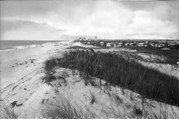 View from beach dunes looking north. View features many plants on sand dunes in the forefront, and people on a sandy beach, many dwellings, and a flag in the background.