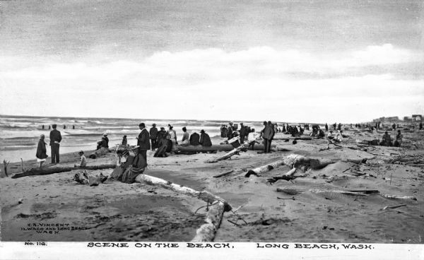 People stand and sit on a driftwood-cluttered beach. Several people swim in the ocean. Caption reads: "Scene on the Beach. Long Beach. Wash."