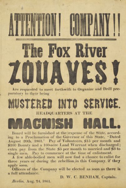 Civil War Era Union recruitment poster for Fox River Zouaves.