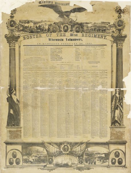 Lithographed Civil War roster of the 31st Regiment, including insets of the Battle of Somerset or Millspring, Kentucky, and Pea Ridge, Arkansas.