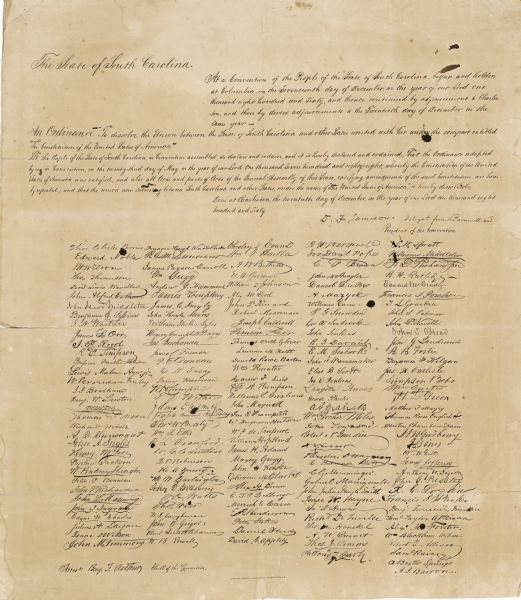"An ordinance to dissolve the Union between the State of South Carolina and other states united with her under the compact entitled 'The Constitution of the United States of America.'"