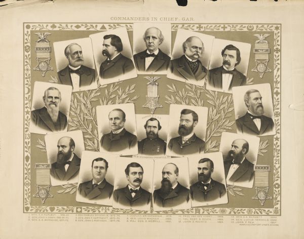 Group of portraits of the Commanders in Chief — Grand Army of the Republic, starting with the first, General E.A. Hurlbut (1866-1867) to John P. Rea (1887).