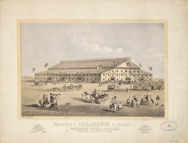 A lithograph of the Coliseum for the Grand National Peace Jubilee in Boston, Massachusetts on June 15-19.