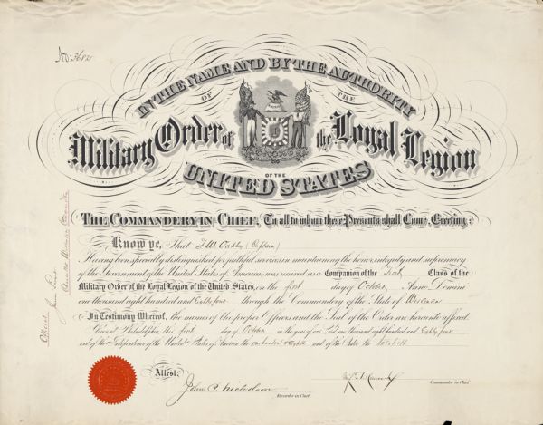A certificate from the Military Order of the Loyal Legion of the United States announcing that (Chaplin) J.W. Oakley became a Companion of the first Class of the Military Order of the Loyal Legion of the United States on October 1, 1884.